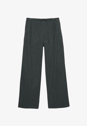 Ciemnoszare spodnie o szerokich nogawkach wykonane z miękkiego materiału, z talią na troczek, subtelnymi pionowymi paskami oraz bocznymi kieszeniami.