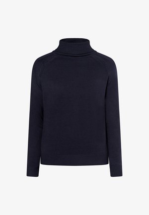 Mørkeblå strikket turtleneck sweater med lange ærmer, ribbet krave og manchetter. Har en glat tekstur og minimalistisk design.