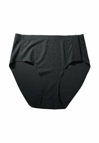 Black high-waist underwear with subtle leopard print pattern and a wide elastic band on the right side for adjustable fit.