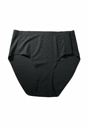 Black high-waist underwear with subtle leopard print pattern and a wide elastic band on the right side for adjustable fit.