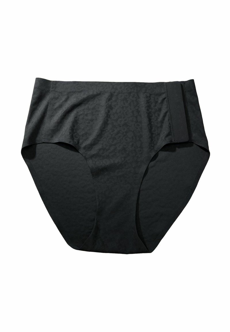 Black high-waist underwear with subtle leopard print pattern and a wide elastic band on the right side for adjustable fit.