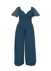 Tealfarbener Jumpsuit mit tailliertem Oberteil, V-Ausschnitt und kurzen, schwingenden Ärmeln. Merkmale weit geschnittene, plissierte Hosen und eine glatte Stofftextur.