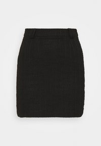 Jupe noire avec un motif texturé présentant des lignes verticales. Coupe droite, longueur mi-cuisse, équipée de passants de ceinture à la taille.