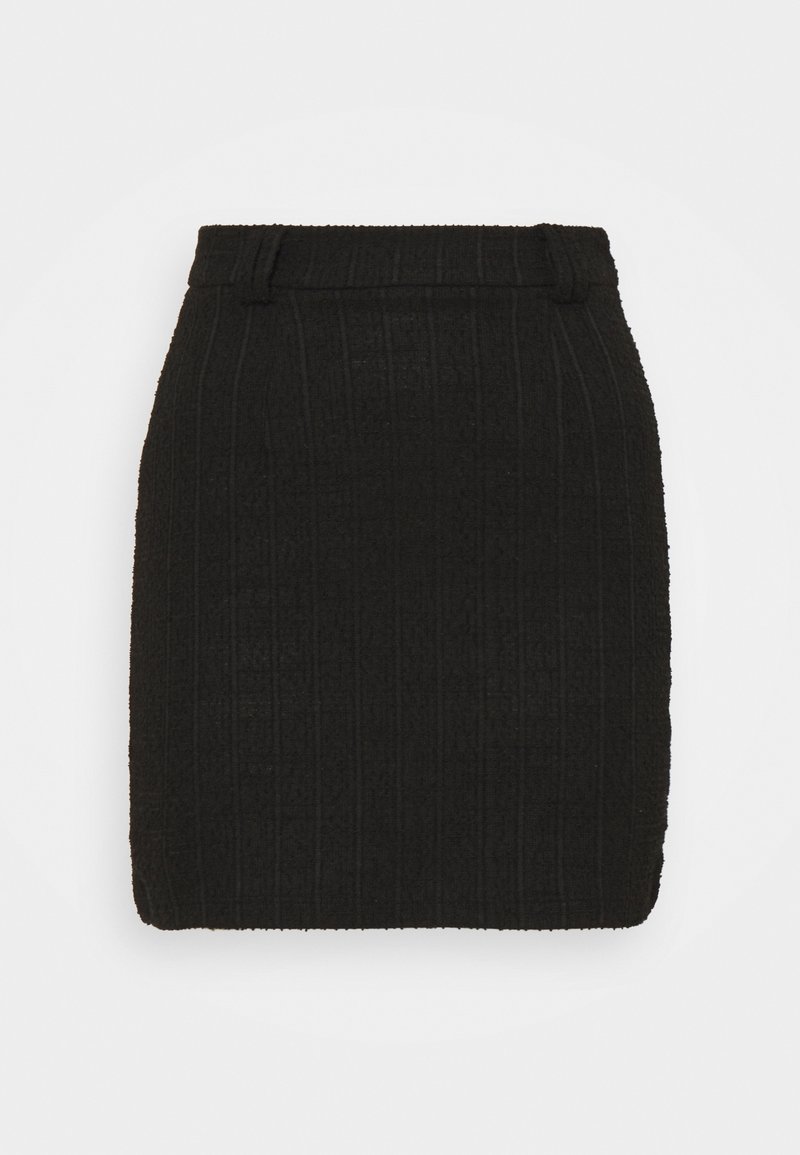 Jupe noire avec un motif texturé présentant des lignes verticales. Coupe droite, longueur mi-cuisse, équipée de passants de ceinture à la taille.