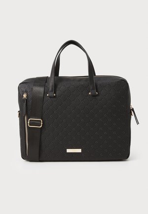 Black laptop bag made of textured synthetic material, featuring a zip closure, two top handles, and a detachable shoulder strap. Gold accents.