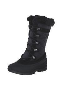 Botte d'hiver noire imperméable avec un col en fourrure moelleux, un haut matelassé et un système de laçage. Elle dispose d'une semelle en caoutchouc robuste pour une adhérence optimale.