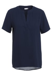 Blouse bleu marine à manches courtes avec un col en V et une coupe décontractée. Elle présente un tissu lisse, un ourlet arrondi et des détails de design minimalistes.