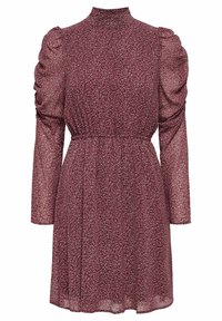 Robe bordeaux à col montant et manches longues, imprimé floral discret, épaules bouffantes froncées et taille cintrée, longueur au genou.