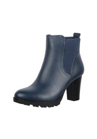 Botas de tobillo azul marino hechas de cuero suave con paneles laterales de malla, punta redonda, tacón alto en bloque y suela de goma texturizada.