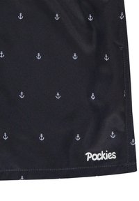 Čierna tkanina s opakujúcim sa vzorom malých bielych kotiev; na dolnom okraji sa nachádza logo "Pockies" v bielej farbe.
