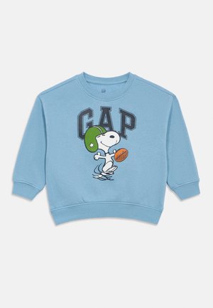 Svetlomodrý sveter vyrobený z bavlnenej zmesi s grafikou Snoopyho v zelených prilbe a s futbalom, s rebrovými manžetami a lemovaním.