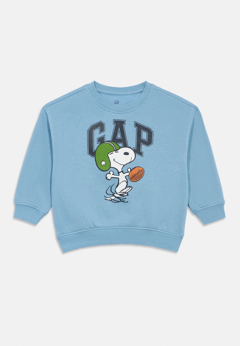 Sweatshirt azul claro feito de mistura de algodão, apresentando uma gráfica do Snoopy com um capacete verde e segurando uma bola de futebol, com punhos e barra canelados.