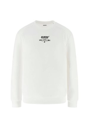 Valge pika varrukaga särk, ribita sviitrid ja ümar kaelus. Ees on must trükitud logo ja tekst. Sile kangast tekstuur.