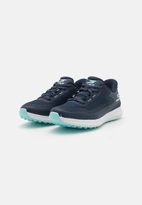Navy athletic shoes with mesh upper, white midsole, and aqua rubber outsole. Laced design with logo accents on tongue and side.