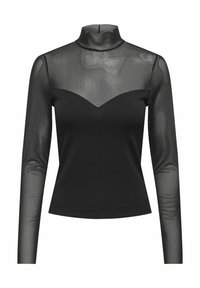 Schwarzes Langarmoberteil mit transparentem Mesh-Oberteil, Stehkragen und herzförmigem Ausschnitt. Hergestellt aus einem glatten Stoff mit taillierter Silhouette.