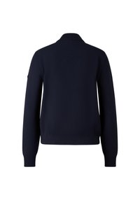 Granatowy sweter dziany z kołnierzem, długimi rękawami oraz prążkowanymi mankietami i dolnym brzegiem. Gładka faktura, pełny widok z tyłu, bez wzorów i akcentów.