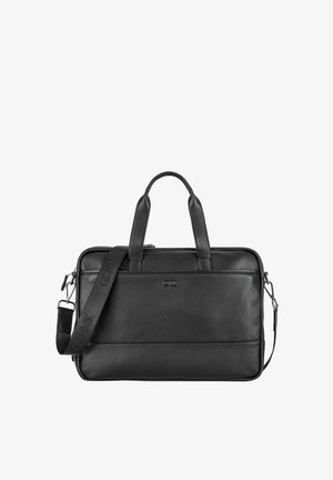 Czarna skórzana teczka z podwójnymi uchwytami i odpinanym paskiem na ramię, z wytłoczonym logo marki, na białym tle.