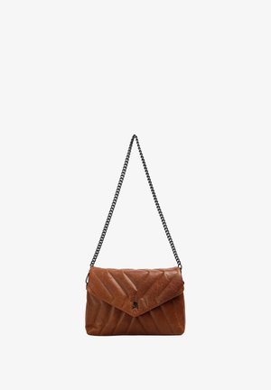 Brown quilted leather shoulder bag with black chain strap and small skull and crossbones emblem on front flap.