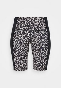 Szorty rowerowe o wysokim stanie w wzór lamparta, z czarną boczną wstawką, gładką teksturą i przeszyciem dla dodatkowej trwałości.