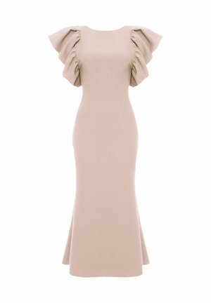 Beżowa dzianinowa sukienka z falbaniastymi rękawami, dopasowaną górą i rozkloszowanym dołem. Teksturowana tkanina o subtelnym połysku, gładki i elegancki krój.