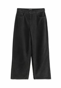 Wide-leg black corduroy trousers with a button closure, four pockets, and textured fabric, featuring a straight silhouette and minimal stitching.