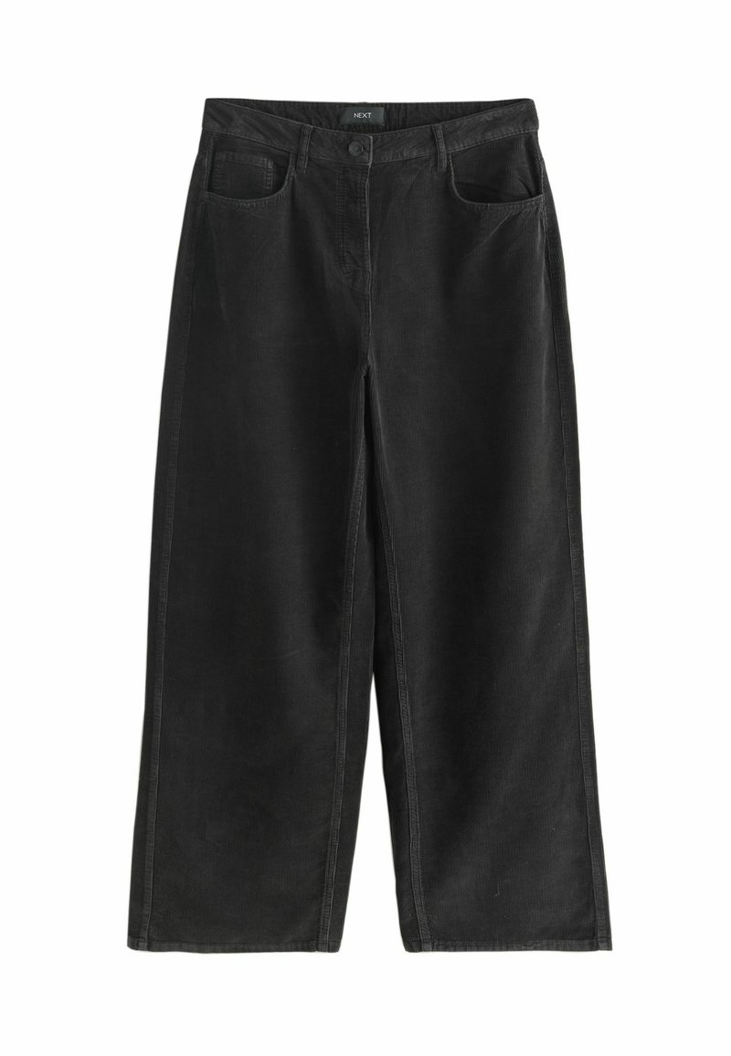 Wide-leg black corduroy trousers with a button closure, four pockets, and textured fabric, featuring a straight silhouette and minimal stitching.
