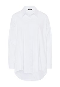 White long-sleeve shirt featuring a classic collar, button front, and a rounded hem. Made from lightweight fabric with a smooth texture.