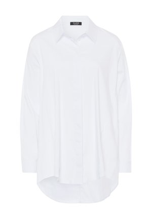 Witte lange mouwen shirt met een klassieke kraag, knopen aan de voorkant en een ronde zoom. Gemaakt van lichtgewicht stof met een gladde textuur.