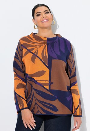 Pull en tricot avec des motifs de feuilles marron, orange et violet ; manches longues ; encolure ronde ; coupe décontractée ; fil texturé.