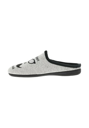 Chausson en textile gris avec un bord noir, présentant un design de visage souriant et des accents de texte. Dessus doux et semelle en caoutchouc noir pour une meilleure adhérence.