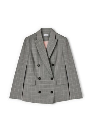Grijs dubbelgekleed colbert met subtiel wit ruitpatroon, inkeping revers, zwarte knopen, voorflapzakken en lichtroze binnenvoering.