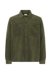 Olivengroene flanellen blouse met een zachte textuur, voorzien van een knoopsluiting aan de voorkant, twee borstzakken en zwarte knopen. Op maat gemaakte kraag, lange mouwen.