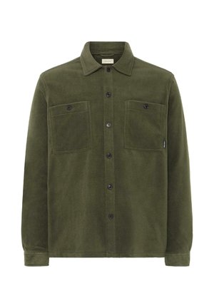 Olive green flannel shirt with a soft texture, featuring a button-down front, two chest pockets, and black buttons. Tailored collar, long sleeves.