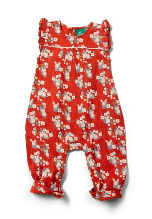 Roter ärmelloser Overall mit Rüschen an den Schultern, versehen mit einem Muster aus Hasen und Blumen in Grau und Weiß. Weicher Stoff, lockere Passform.