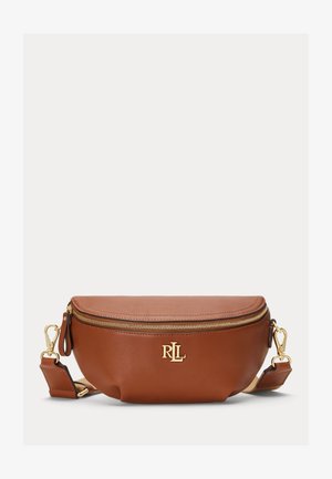 Borsetă maro din piele cu fermoar auriu și curea reglabilă, având un logo RLL auriu centrat în față.