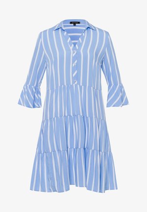 Modrá pruhovaná šaty s límečkovým výstřihem, knoflíkovým zapínáním vepředu, tříčtvrtečními zvonovými rukávy a vrstveným lemem. Vyrobeno z lehkého materiálu.