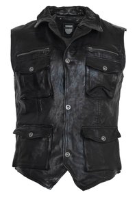 Schwarze Lederweste mit einem Kragendesign, mehreren Vorder pockets, Druckknöpfen und einer leicht abgenutzten Textur.