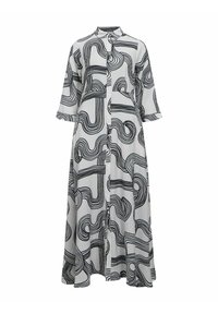 Robe longue à col, en tissu léger, présentant un motif de lignes ondulées noires sur fond blanc. Elle a des manches trois-quarts et des boutons.
