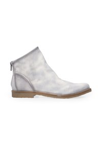 Hellgraue Leder-Ankle-Boots mit glatter Textur, runder Zehenpartie und seitlichem Reißverschluss. Verfügt über eine niedrige braune Gummisohle.
