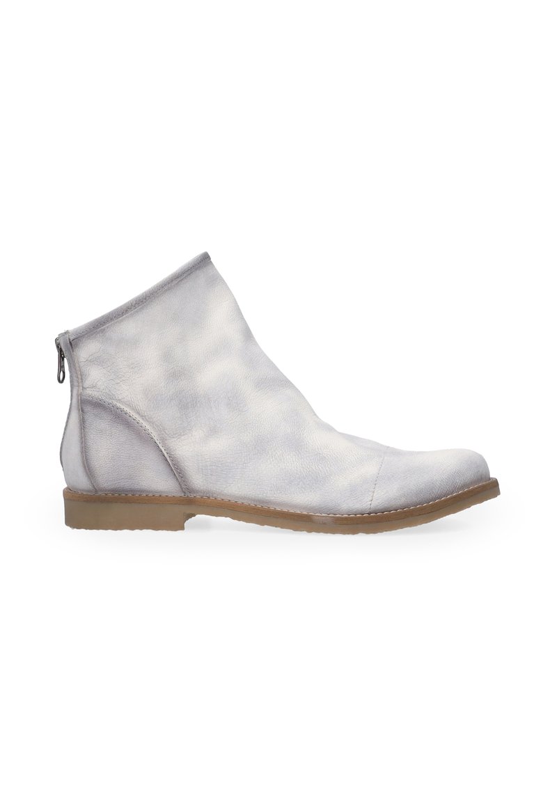 Hellgraue Leder-Ankle-Boots mit glatter Textur, runder Zehenpartie und seitlichem Reißverschluss. Verfügt über eine niedrige braune Gummisohle.