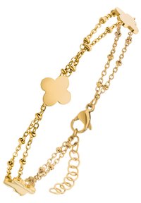 Goldene Kettenarmband mit einem blumenförmigen Anhänger, kugelförmigen Akzenten und einem Karabinerverschluss mit einem verstellbaren Längen-Design.