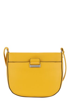 Sac bandoulière en cuir jaune avec une texture lisse, une forme rectangulaire, une bordure noire discrète et un détail de fermoir métallique sur le devant.