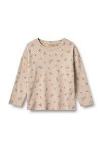 Maglietta a maniche lunghe color beige chiaro con un delicato motivo floreale blu e verde, collo tondo e tessuto morbido. Design casual e vestibilità rilassata.