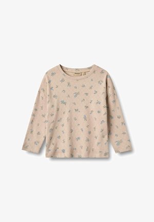 Chemise longue beige clair à manches longues avec un délicat motif floral bleu et vert, col rond et tissu à texture douce. Design décontracté et coupe relaxée.