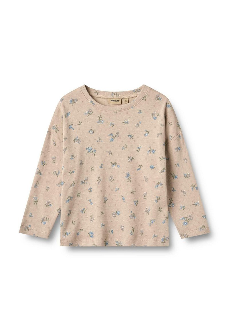 Maglietta a maniche lunghe color beige chiaro con un delicato motivo floreale blu e verde, collo tondo e tessuto morbido. Design casual e vestibilità rilassata.