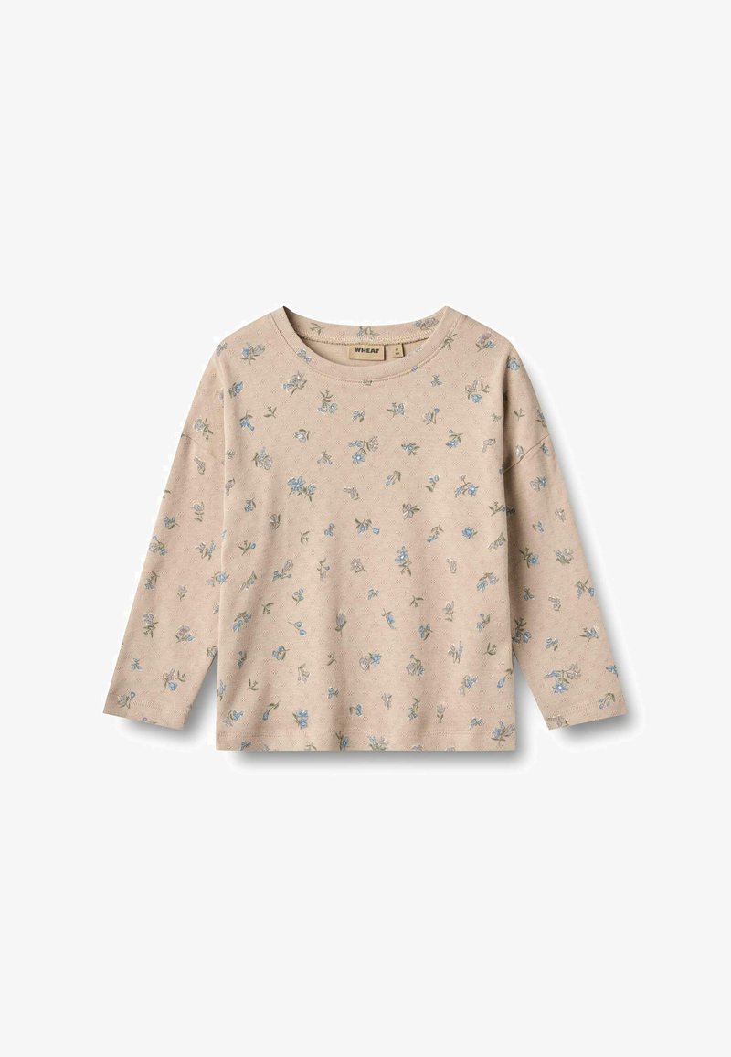 Maglietta a maniche lunghe color beige chiaro con un delicato motivo floreale blu e verde, collo tondo e tessuto morbido. Design casual e vestibilità rilassata.