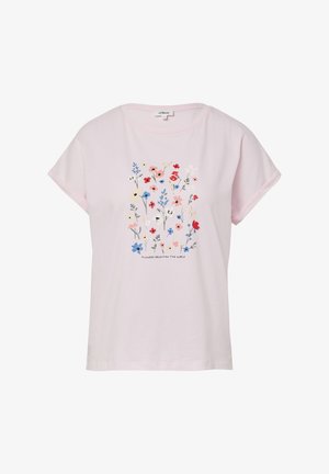 Różowa bawełniana koszulka z krótkim rękawem z kwiatowym nadrukiem w różnych kolorach oraz napisem "Kwiaty Rozjaśniają Świat" poniżej.