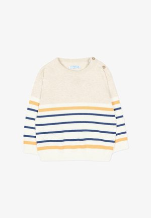 Pull pour tout-petit à manches longues en tricot crème avec des rayures horizontales bleu marine et moutarde, col rond, et deux boutons sur une épaule.