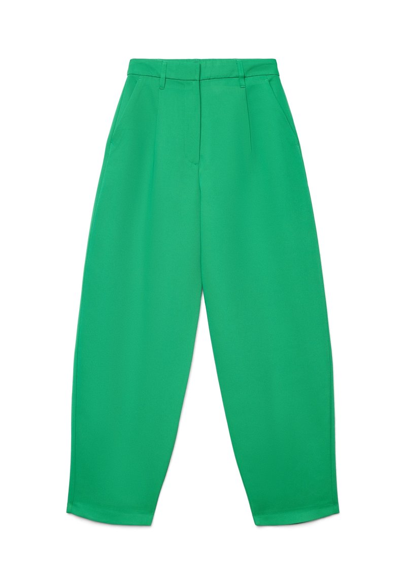 Grüne, weit geschnittene Hose aus glattem Stoff mit hoher Taille, zwei Seitentaschen und einem maßgeschneiderten Design ohne sichtbare Verschlüsse.