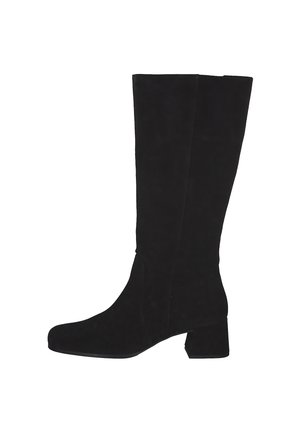 Black suede knee-high boots with a square toe and block heel. Features smooth texture and side stitching details.